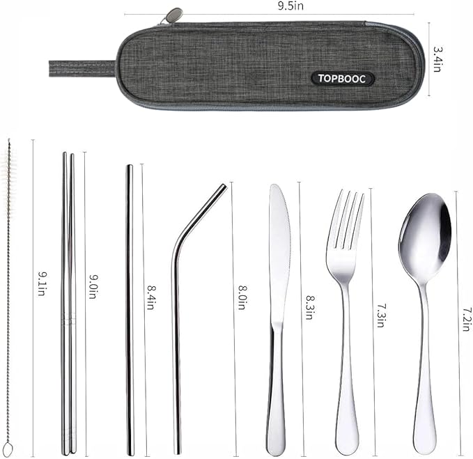 Travel Stainless Steel Utensils Set with Case – 8-Piece Reusable Flatware Kit Includes Fork, Knife, Spoon, Chopsticks, Straws, Brush & Bag – Portable Cutlery for Camping, Work, Picnic (Silver)