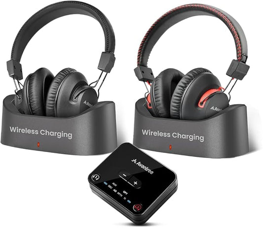 Avantree HT41899 Plus 2 - Dual Bluetooth Wireless Headphones for TV Watching with Transmitter & Charging Docks, aptX Adaptive & Low Latency Support, Compatible with Optical & 3.5mm AUX TVs