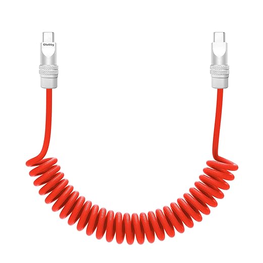 chubbycable Curly Chubby Retractable Fast Charging Cable 240W Coiled Charger Cord for Car Durable USB C Cable Compatible with iPhone 16/15 Series, Red, Type-C to Type-C, 1.3FT-2.3FT