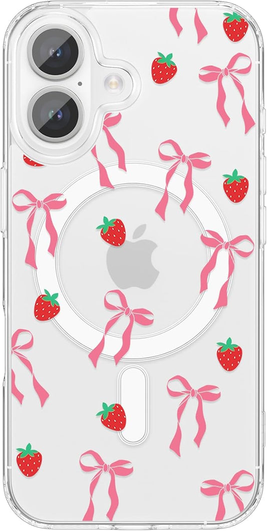 ZTOFERA for iPhone 16 Plus Magnetic Case Clear,Cute Love Heart Ribbon Bow Tie Aesthetic Phone Case,Transparent Trendy Slim Soft Shockproof Protective Phone Cover for Women Girls,Blush
