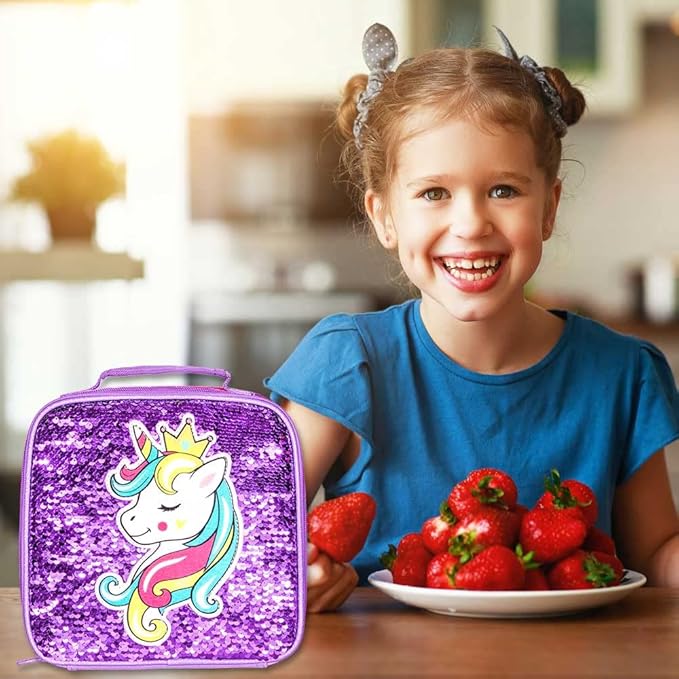 3PCS Girls Backpack, 16" Kids Sequins Unicorn Bookbag with Lunch Box, School Bags for Elementary Preschool Kindergarten - Purple