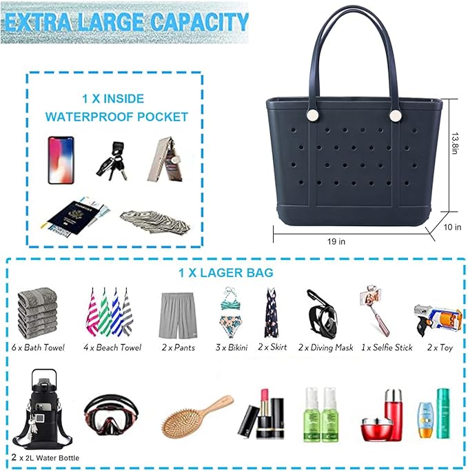 Beach Bag X Large Rubber Tote Bag, Waterproof Washable Open for Women Croc Bag Hand Bag for Beach Pool Yoga