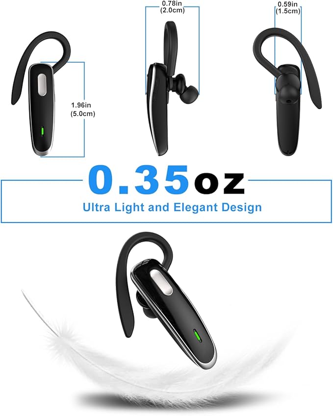 Bluetooth Headset, V5.1 Ultralight Wireless Handsfree Earpiece Cell Phone with Noise Cancellation Microphone for PC Tablet/Laptop Computer, Headphones for Trucker/Driver/Business- Black