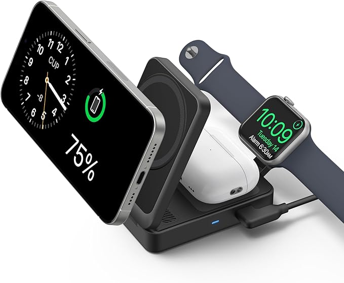 Anker MagGo 3 in 1 iPhone 17 Charging Station, MagSafe-Compatible Wireless Charger Stand, Qi2 Certified 15W Foldable Charger for iPhone 17/16/15/14/13/12, AirPods, Apple Watch Ultra(Adapter Included)