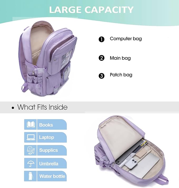 Kawaii Backpack for Teen Girls, Cute Aesthetic High Middle School College Bookbag with Accessories,Light Purple