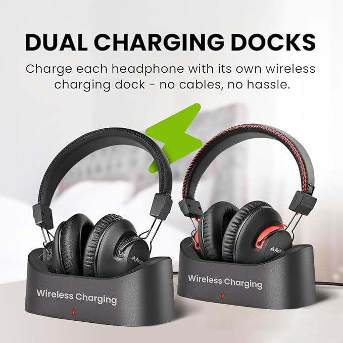 Avantree HT41899 Plus 2 - Dual Bluetooth Wireless Headphones for TV Watching with Transmitter & Charging Docks, aptX Adaptive & Low Latency Support, Compatible with Optical & 3.5mm AUX TVs