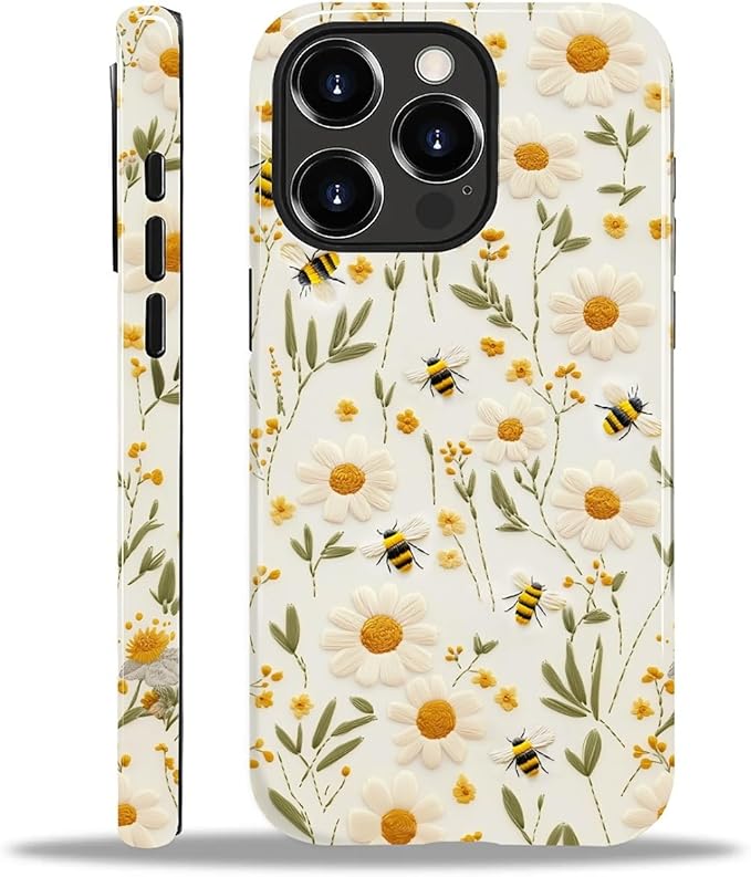 Case for iPhone 15 Pro Max Case,Bees Sunflowers Design - Hybrid Dual Protection Silicone + Hard PC Shockproof Full Body Cover Slim Anti-Scratch Protective Case for Men Women