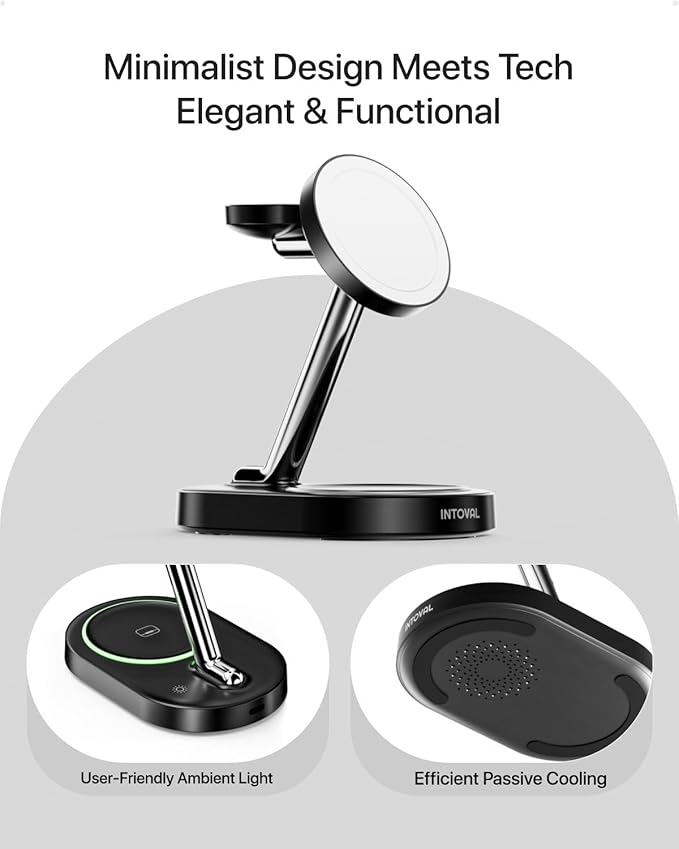 Charging Station for MagSafe Charger,Wireless Charging Station for iPhone MagSafe Charger,Intoval 3 in 1 Fast Magnetic Stand for iPhone 16/15/14/13 Apple Watch 10, Airpods. (Black)