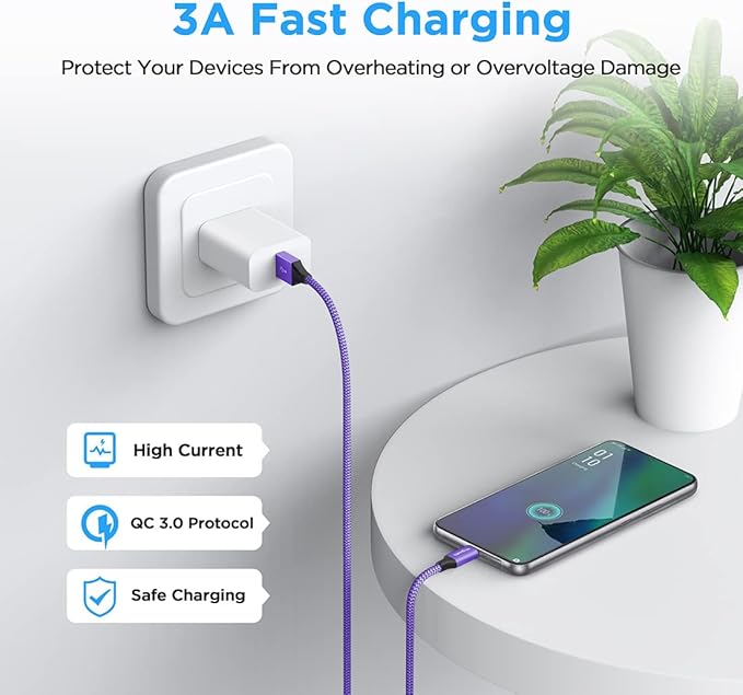 etguuds USB to USB C Cable 2ft, 2-Pack USB A to Type C Charger Cord Fast Charging for Samsung Galaxy A15 A25 A35 A55 A54, S24 S23 S22 S21 S20 S10 S10E, Note 20 10, Moto G, for iPhone 16 15, Purple