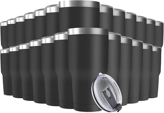 30oz Stainless Steel Travel Mug with Lid, 25 Pack Double Wall Vacuum Insulated Bulk Tumbler, Powder Coated Coffee Cup Suitable for Vehicle Cup Holders (Black)