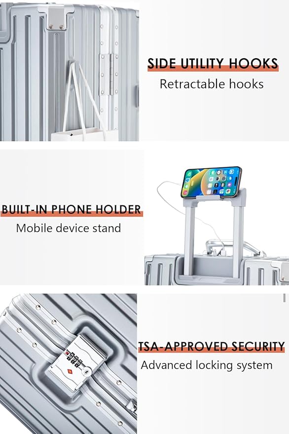 20 Inch PC Hard Shell Carry On Luggage with Aluminum Frame, Silver Suitcase with Cup Holder and USB Port, Zipperless Luggage for Business Travel