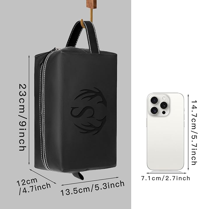 Personalized Gifts Travel Toiletry Bag for Men Engraved Initial PU Leather Waterproof Shaving Bag for Toiletries Accessories Fathers Day Birthday Gift for Men Dad Husband Son, Black A