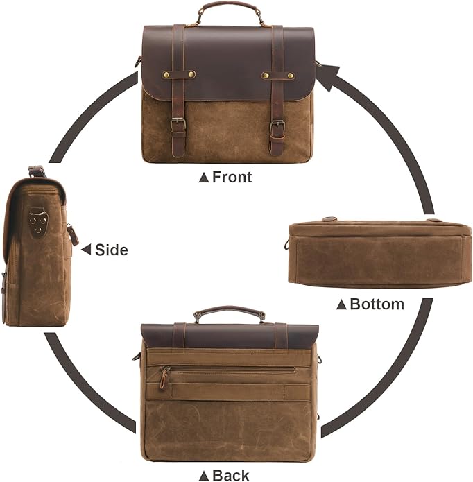 Mens Messenger Bag Waxed Canvas Laptop Briefcase 15.6“ Vintage Genuine Leather Crossbody Bags Waterproof Satchel Shoulder Bag