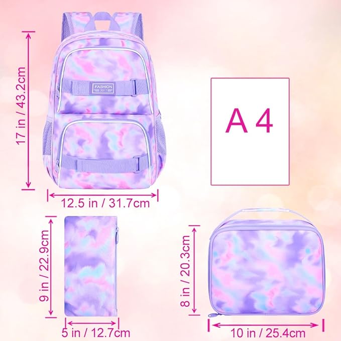 17 Inches Backpack for Girls Women, 3Pcs Tie-dye College School Bookbag Set for Teens Students, Water Resistant Laptop Backpacks with Lunch Bag(Purple)