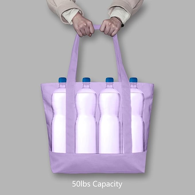 TOPDesign 3-Pack Canvas Tote Bags with an External Pocket, Reusable Grocery Shopping Bags, Top Zipper Closure, Daily Essentials (Lavender)