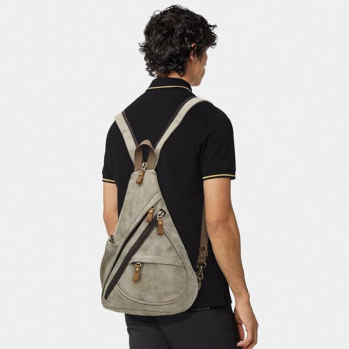 KL928 PU Leather Sling Bag - Small Crossbody Backpack Shoulder Casual Daypack Rucksack for Men Women Outdoor Cycling Hiking Travel (6881-PU-Olive Green)