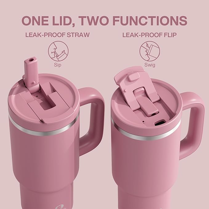 32 oz Tumbler with Handle and Straw: Stainless Steel Insulated Tumbler Keeps Cold for 24 Hours, Leakproof Travel Cup Fits in Cup Holder and BPA-Free, Turkish Rose