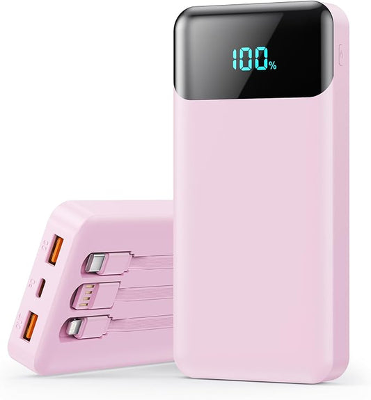 Portable Charger 40800mAh with 3 Built-in Cable,PD 25W USB C in&Out Power Bank Fast Phone Charging,QC4.0 LED Display 5 Output External Battery Pack Compatible with iPhone 16/15,Samsung Android-Peach