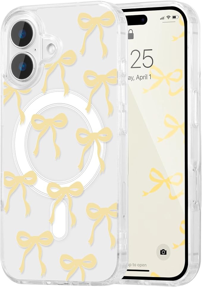 UEEBAI Magnetic for iPhone 16 Plus Case, Bow Case Compatible with MagSafe, Wireless Slim Clear Ribbon Aesthetic Phone Cover Anti-Yellowing Shockproof Protective Cover for Women Girl - Yellow