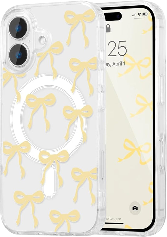 UEEBAI Magnetic for iPhone 16 Plus Case, Bow Case Compatible with MagSafe, Wireless Slim Clear Ribbon Aesthetic Phone Cover Anti-Yellowing Shockproof Protective Cover for Women Girl - Yellow