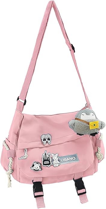 Nylon Messenger Bag Kawaii Crossbody Bag with Cute Pins Aesthetic Shoulder Bag for Women and Men