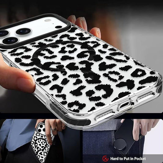 SAKUULO Magnetic for iPhone 17 Pro Max Case with Screen Protector [Compatible with MagSafe] Black Leopard Print Pattern Wireless Charge Strengthen Protection Cover Black Leopard (6.9")