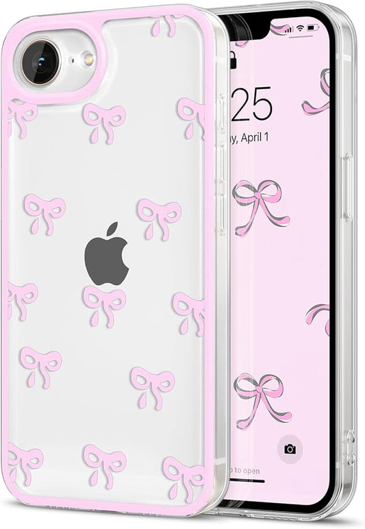 EYZUTAK Case for iPhone 16e, Clear Cute Ribbon Bowknot Pattern Aesthetic Transparent Phone Case Raised Camera Protection Stylish Slim Soft Durable TPU Protective Cover for Women Girls - Pink