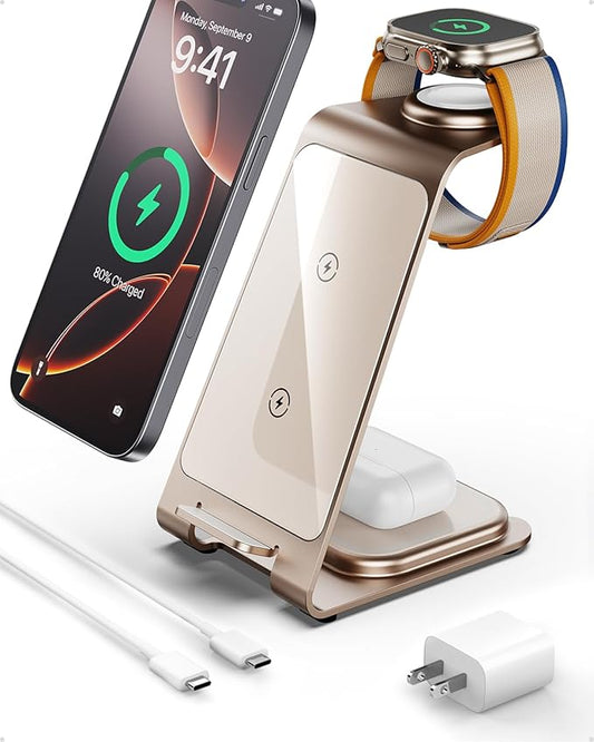 Intoval 3 in 1 Wireless Charging Station for iPhone 16 15 14 13 12 11 X Pro Max, Wireless Charger for Apple Watch Ultra 3 SE 9 8 7 6 5 4 3 2, for AirPods 4 Pro Pro 2 3 (Y93, Desert)