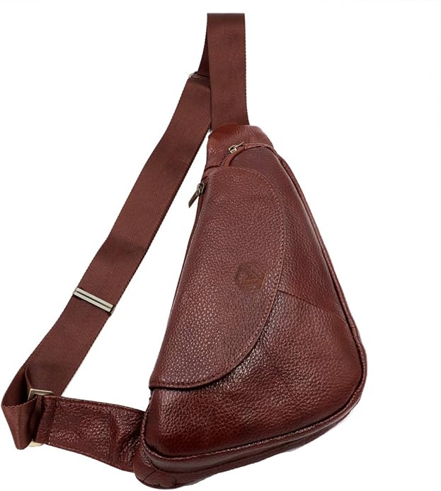 Basic Cowhide Leather Sling Bag Crossbody Chest Pack Shoulder Daypack (Tan Brown)
