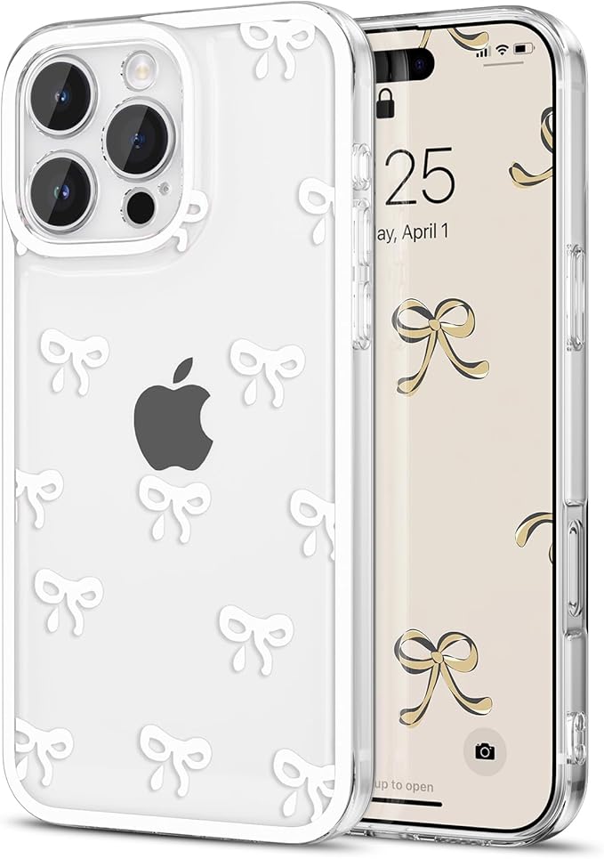 EYZUTAK Case for iPhone 15 Pro, Clear Cute Ribbon Bowknot Pattern Aesthetic Transparent Phone Case Raised Camera Protection Stylish Slim Soft Durable TPU Protective Cover for Women Girls - White