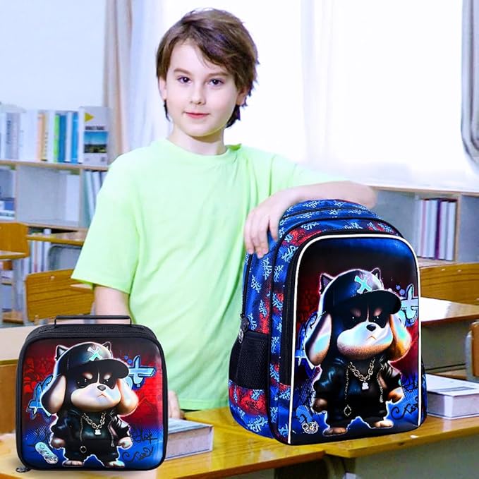 CCJPX 16" Kids Backpack for Boys, 3PCS Dog Water Resistant Preschool Bookbags with Lunch Box, Cool School Bag for Toddler Kids
