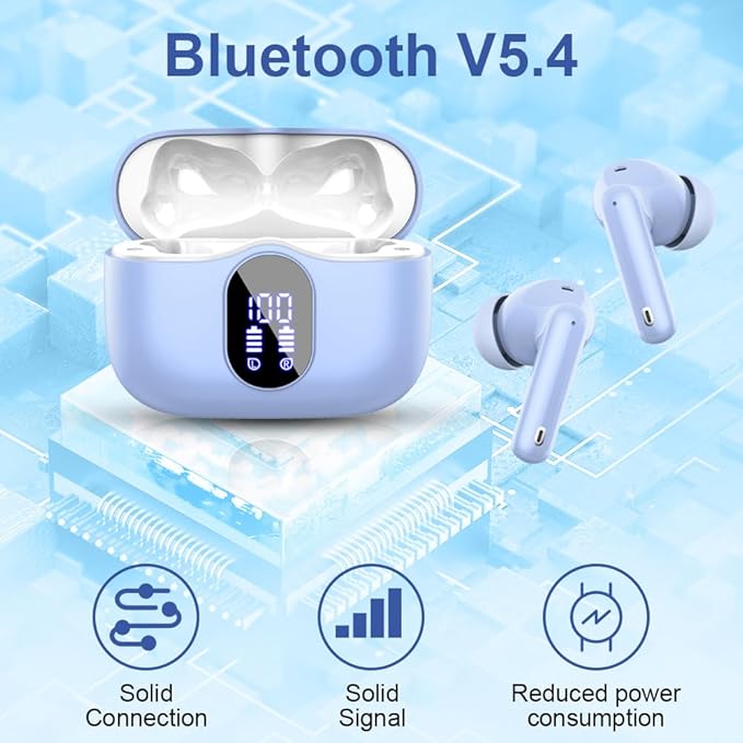 Wireless Earbuds, Bluetooth 5.4 Headphones Bass with Noise Cancelling Mic, Stereo Ear Buds, in Ear Earphones LED Display, IP7 Waterproof, 36H Playtime for Laptop Phones Sports Workout, Sky Blue