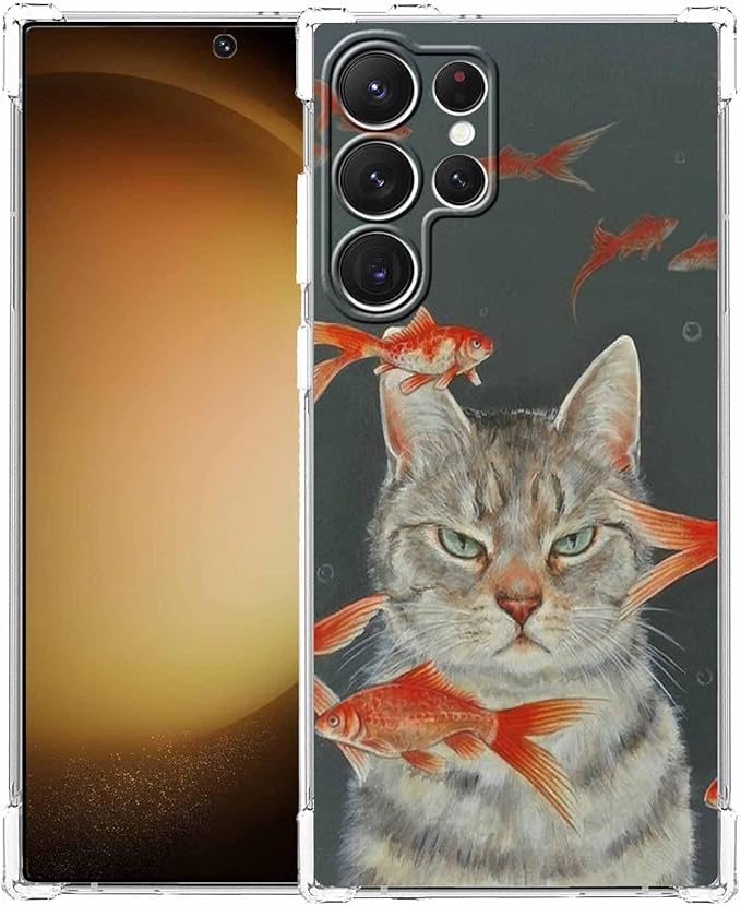 Case for Samsung Galaxy S23 Ultra with Cool Cat Design,Cute Goldfish Pattern for Children,Clear Soft TPU Bumper Phone Cover,6.8"(Cat,S23U)