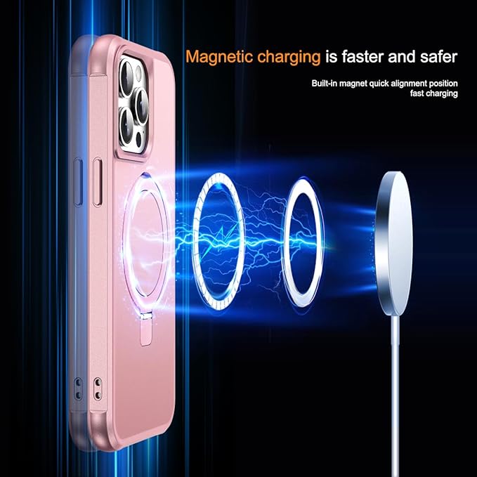 Compatible with iPhone 12 Pro Max Case & iPhone 13 Pro Max Case 6.7" with Magnetic O-Ring Stand [Compatible with Mag-Safe][Great Grip Feeling], Rose Gold