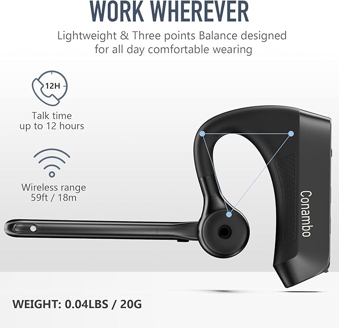Conambo K21 Bluetooth Headset V5.1, Bluetooth Earpiece with CVC 8.0 Dual Mic Noise Cancelling Wireless Headphone - Mute & Volume Buttons 16Hrs Talking for iOS Android Cell Phone, Trucker, Office Work
