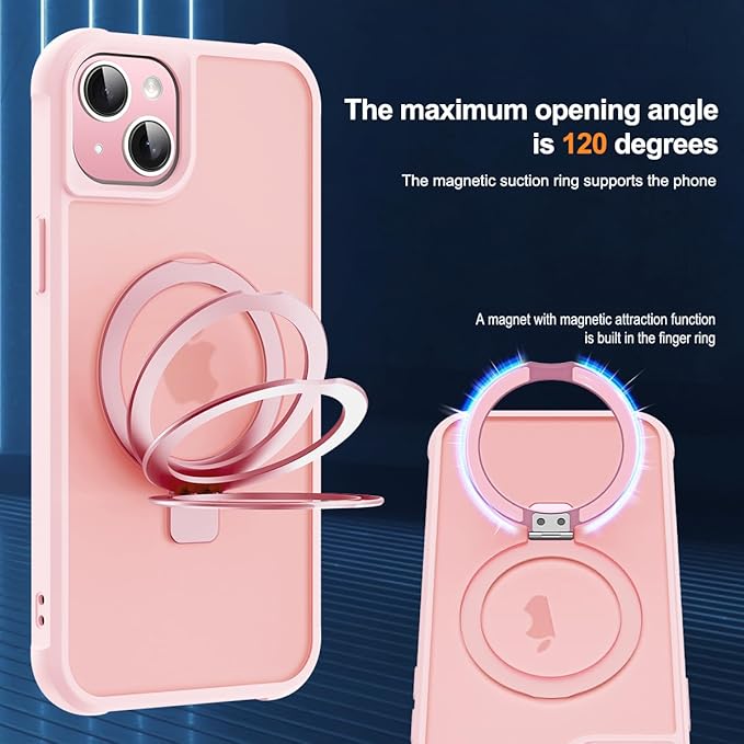 Compatible with iPhone 15 Plus Case with Invisible Magnetic O-Ring Stand Military-Grade Translucent Case for iPhone 15 Plus 6.7" [Compatible with Mag-Safe][Great Grip Feeling], Pink