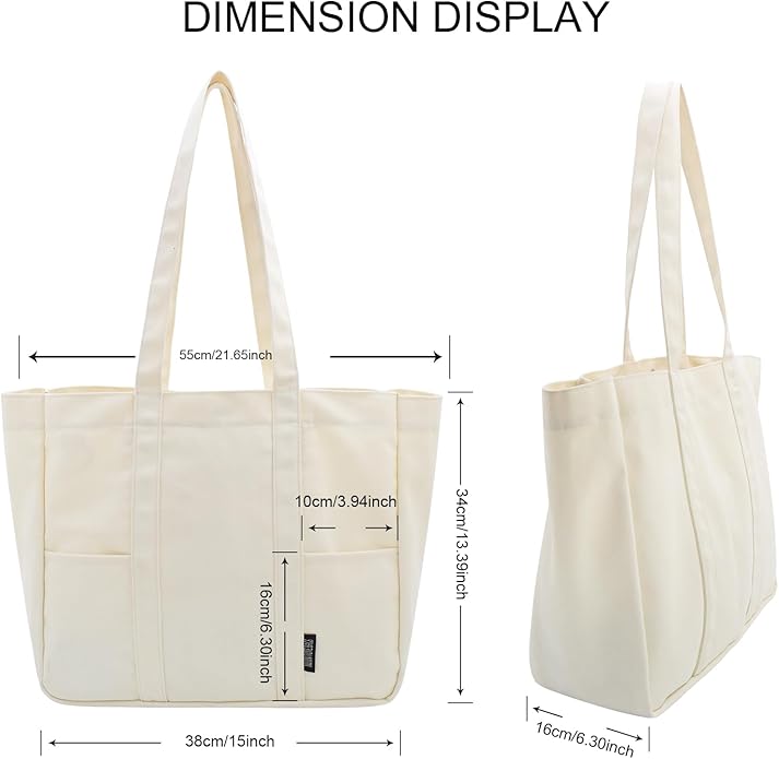 TeeYee Women's 20L Canvas Tote Bag Reusable Multi-Pocket Organizer for Travel Work Gym Shopping Large Shoulder Bag