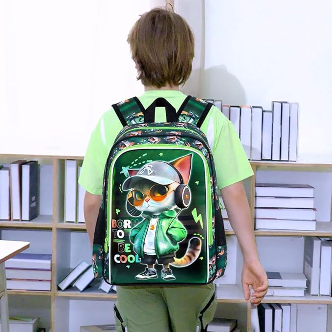 CCJPX 16" Cat Backpack for Boys, 3PCS Kids Water Resistant Preschool Bookbags, Cool Kindergarten School Backpacks and Lunch Box