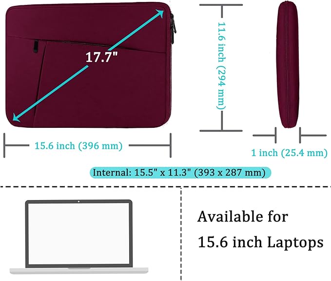 Laptop Sleeve Bag 15.6 inch, BOOEUDI Durable Shockproof Protective Computer Carrying Cover with Front Pocket, Briefcase Handbags Laptop Sleeve Bag for 15.6 inch HP, Dell, Acer, Asus, Notebook, WineRed