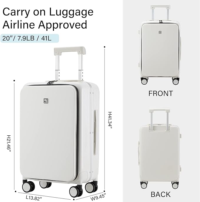 Hanke Grace Hard Shell Suitcases with Wheels,20 Inch Carry On Luggage Airline Approved with Aluminum Frame, Travel suitcase with Front Pocket Travel Luggage for Short Business Trips, Smoke White.