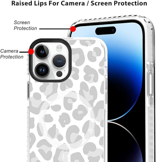 SAKUULO Magnetic for iPhone 14 Pro Max Case Light Gray Leopard Print Pattern [Compatible with MagSafe] Wireless Charge Slim Shockproof Case for iPhone 14 Pro Max Phone Case, Gray Leopard (6.7")