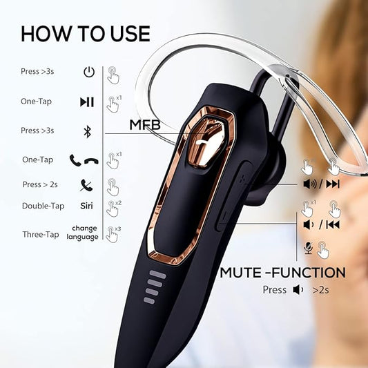 Micool DY20PLUS Bluetooth 5.4 Headset, Single Ear Wireless, Noise Cancelling, 36H Talk Time, Black-Gold Frame