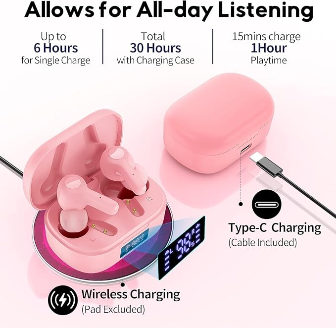 MOZOTER Bluetooth 5.3 Wireless Earbuds,Deep Bass Loud Sound Clear Call Noise Cancelling with 4 Microphones in-Ear Headphones with Wireless Charging Case Compatible for iPhone Android,Work -Pink01