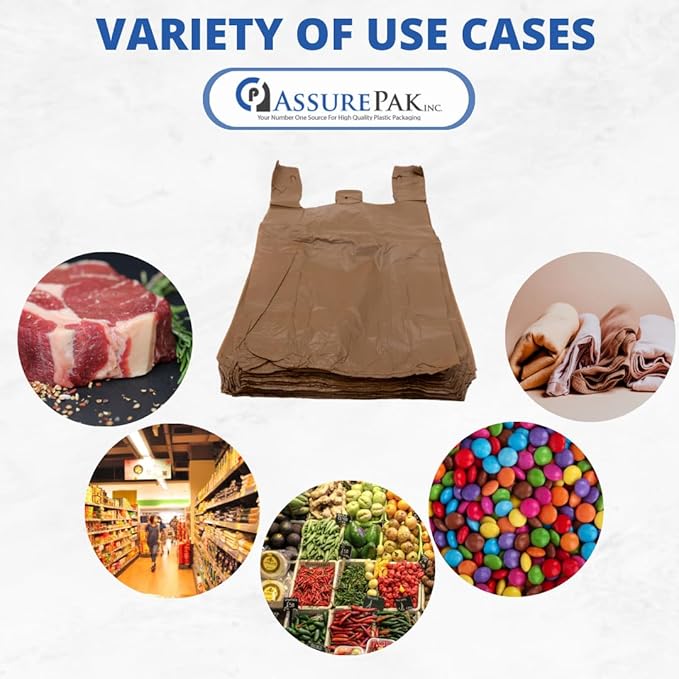 Brown HDPE T-Shirt Plastic Bags for Retail, Groceries, Merchandise, Convenience Store, Supermarket, Restaurant - 1/6 BBL, 11.5"X6"X21" - Pack of 200 Bags, 13 Microns - Unprinted (Brown)