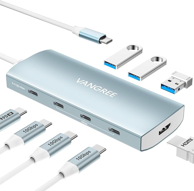 USB C Hub 8 in 1 Multiport Adapter, 3 USB 3.2 Gen 2 Ports with 10Gbps, 3 USB-A 3.0 5Gbps, 4K@60Hz HDMI, 100W PD, USBC Splitter for MacBook Pro, iPad Pro, Mac mini and More(Not Support USB-C Monitor)