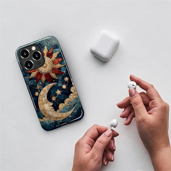 Case for iPhone 12 12 Pro Case,Sun Moon Stars Faux Stained Glass Design Hybrid Dual Protection Silicone + Hard PC Shockproof Full Body Cover,Slim Anti-Scratch Protective for Men Women