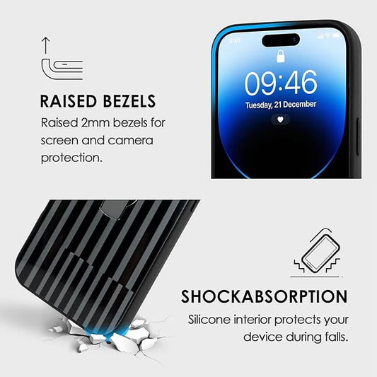 Compatible with iPhone 14 Pro Case with Finger Hand Strap Kickstand, Trendy Cool Striped Phone Case for Women Men, Full Camera Protection Shockproof Protective Cover, Black Stripes