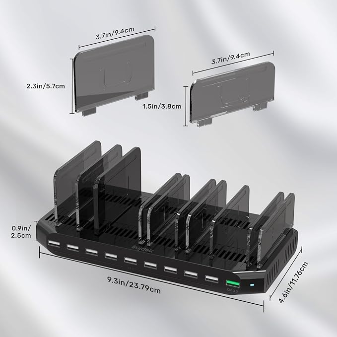 Multi USB Charging Station for Multiple Devices, 60W 10 Ports Multi Charger Station with QC3.0 Port & Adjustable Dividers Compatible with Tablets, Smartphones