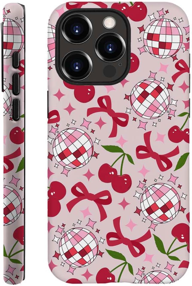 DAIZAG Case Compatible with for iPhone 14 Pro,Cute Pink Cherry Disco Ribbon Star Phone Case for iPhone 14 Pro for Girl Women Boy Men