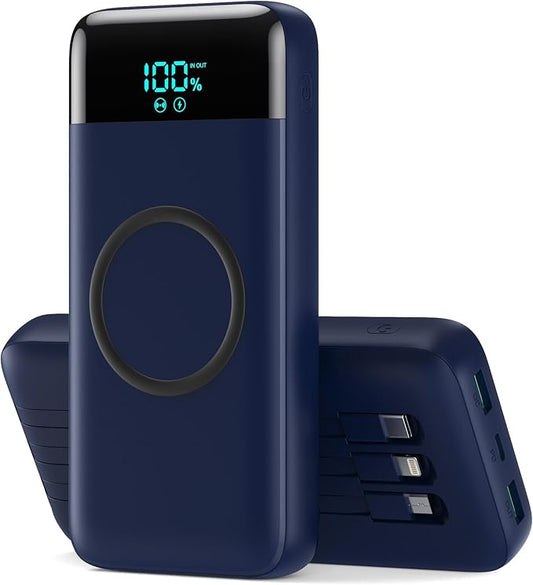 Wireless Portable Charger 40800mAh with 3 Built-in Cables,7-in-1 15W Wireless Charging Power Bank,25W PD QC 4.0 Fast Charging USB C LCD Display Battery Pack for iPhone 16/15/13,Samsung,Android-Blue